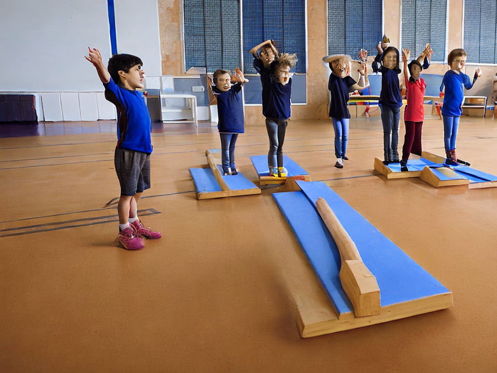Niños españoles practicando equilibrio en un gimnasio escolar con arquitectura mediterránea