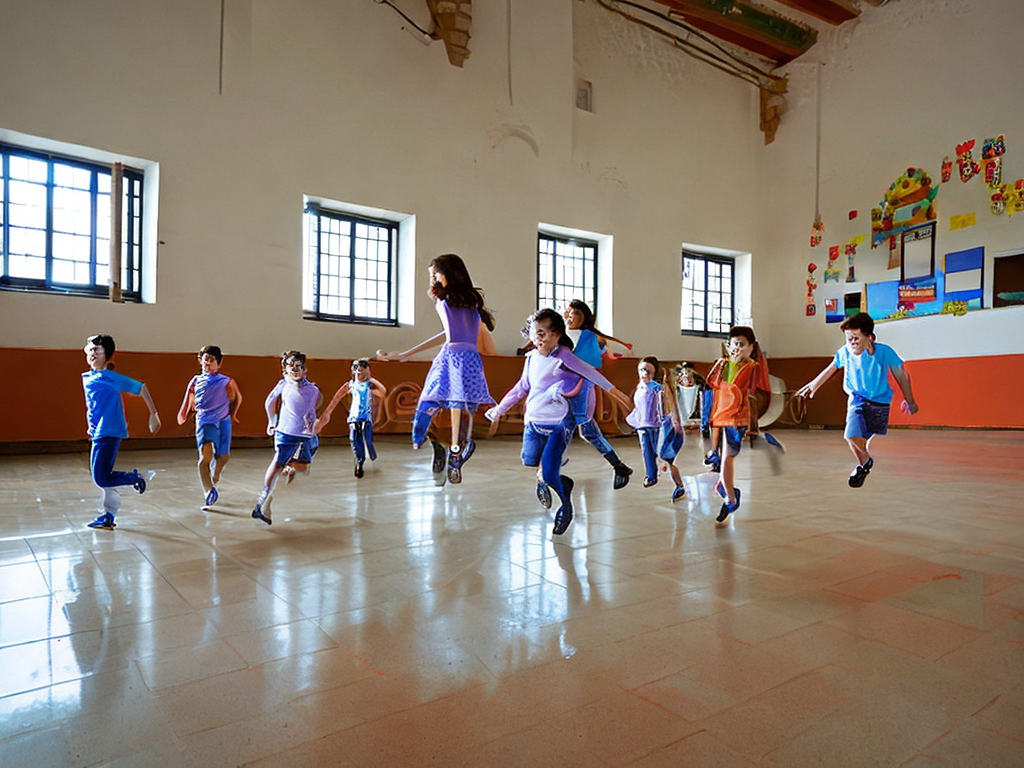 Niños españoles corriendo y saltando en un gimnasio escolar con arquitectura mediterránea
