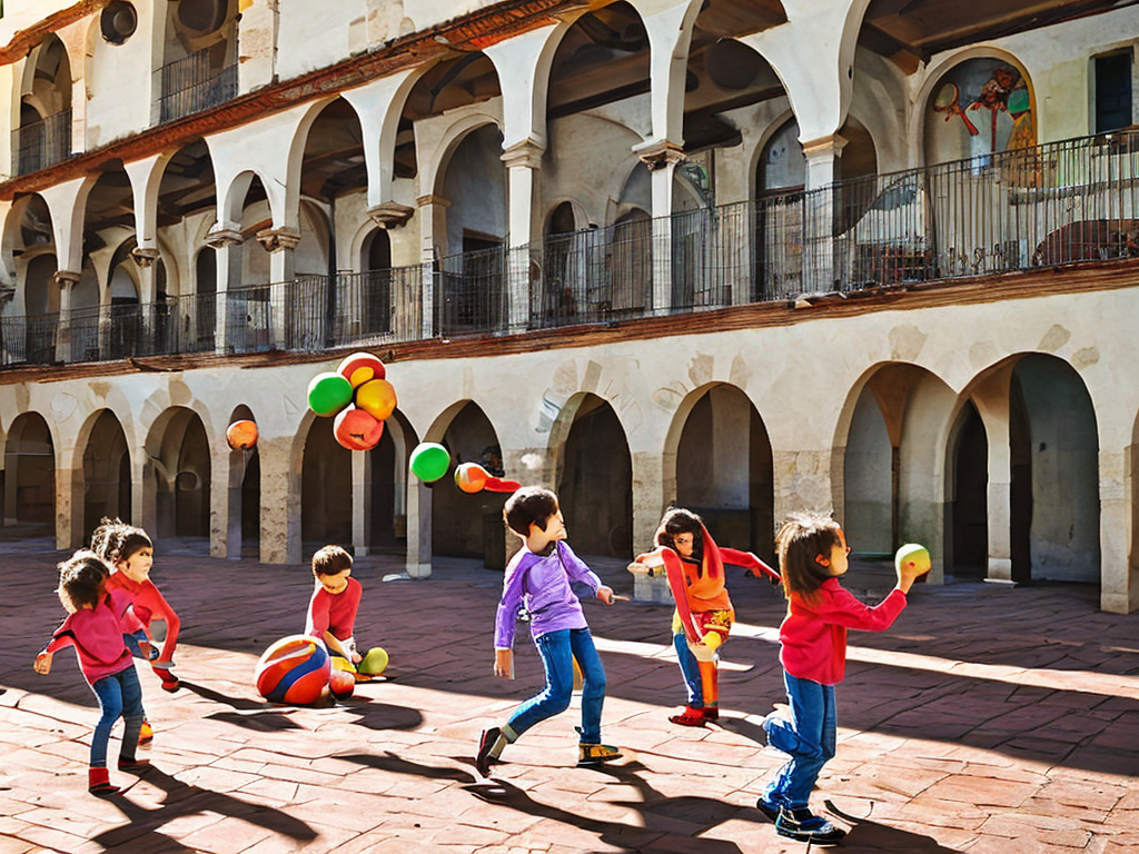 Niños españoles jugando con pelotas coloridas en un patio escolar español