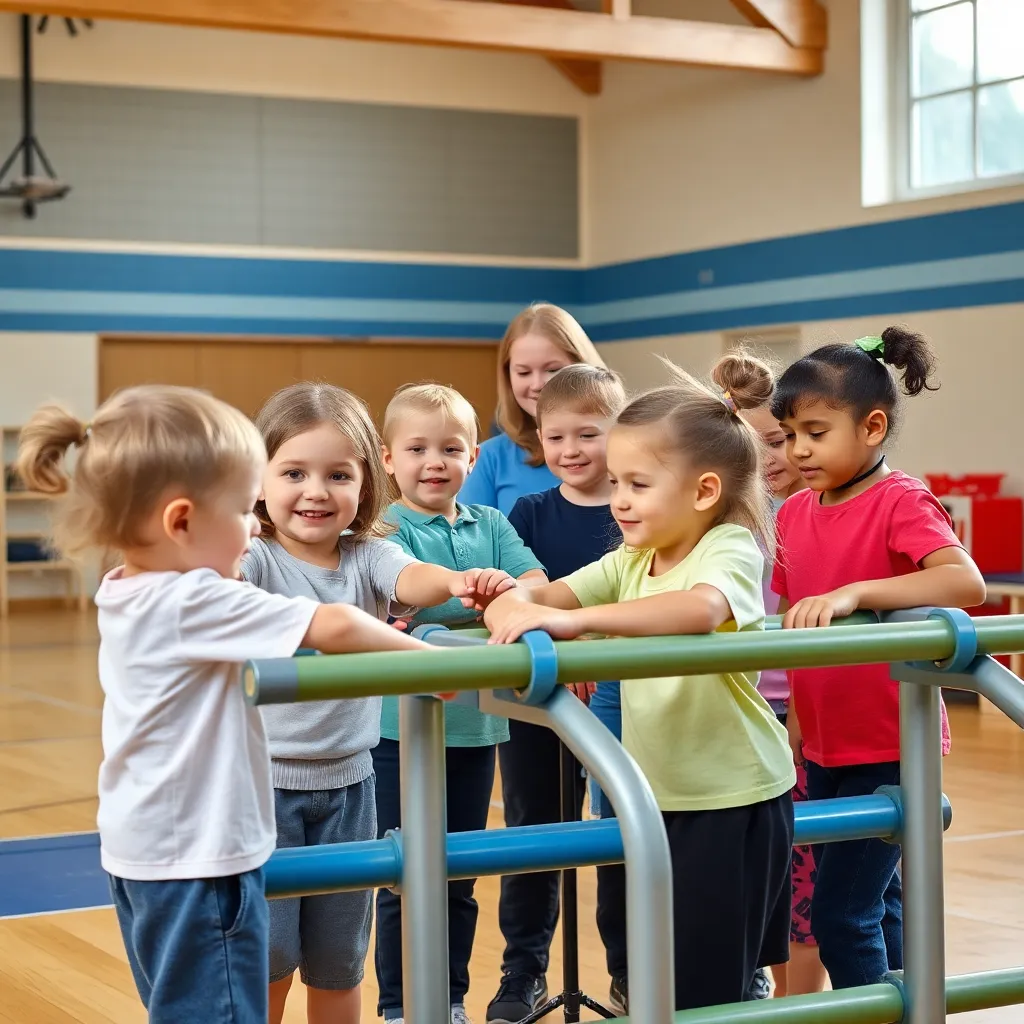 Niños preparando equipamiento deportivo de forma segura en el gimnasio escolar