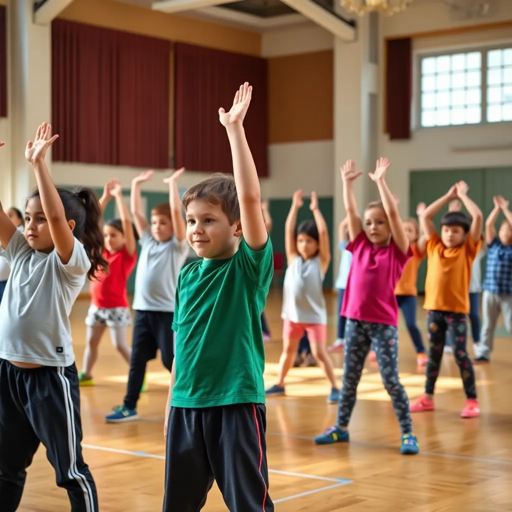 Niños realizando ejercicios de calentamiento en el gimnasio escolar