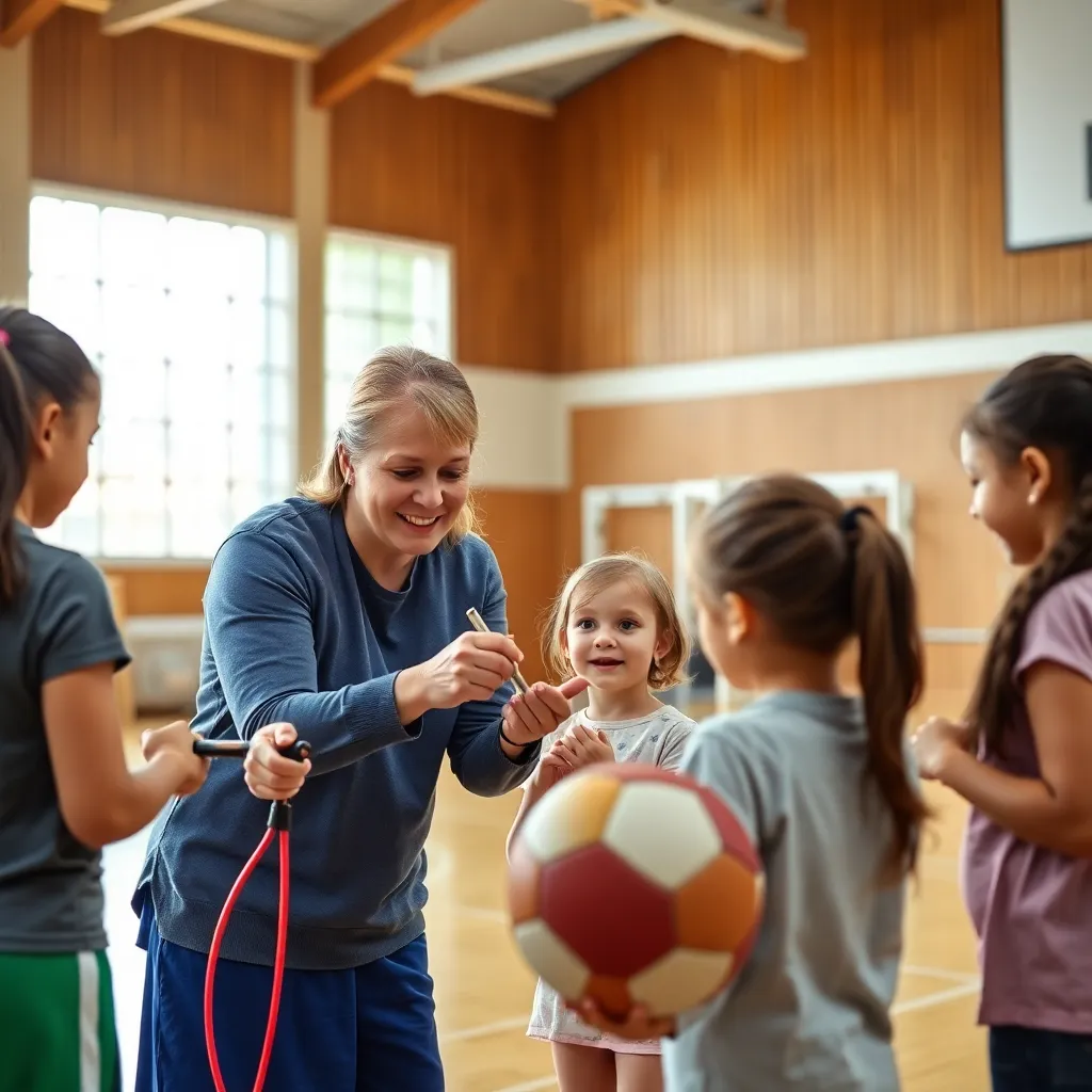 Maestro y estudiantes revisando la seguridad del equipamiento deportivo